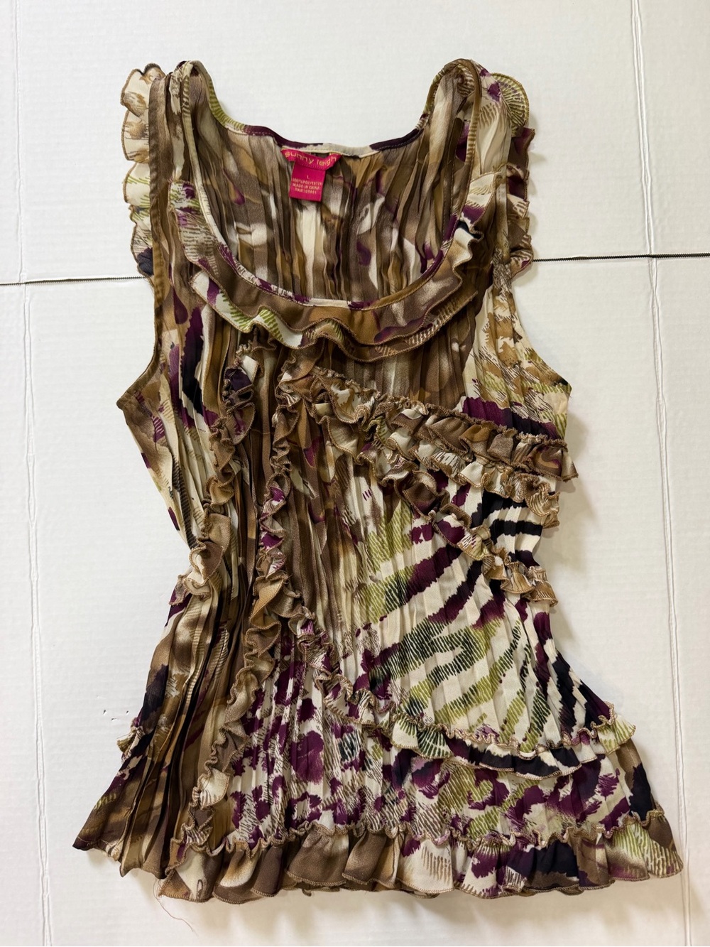 Sunny Leigh Y2K Sleeveless Scoop Neck Ruffle Blouse Abstract Print Size Large